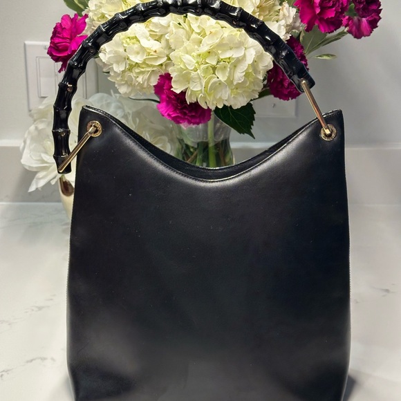 Gucci Black Calf Leather Shoulder Bag with Bamboo Handle + COA - Picture 2 of 16